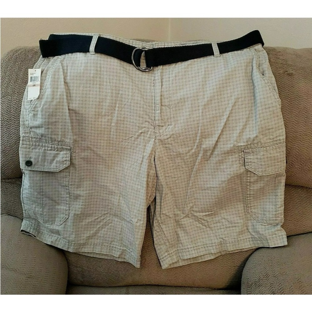 NWT Izod Saltwater Cargo Shorts 6 Pocket Flat Front Belt Gray Check 42